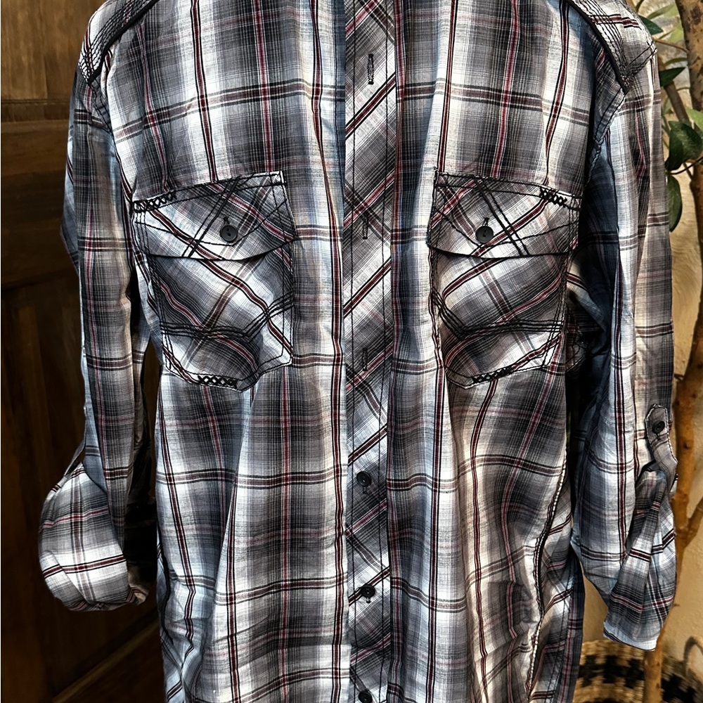Mens RERUN Plaid Dress Shirt Lg, Long Sleeve Button Down Red Black White